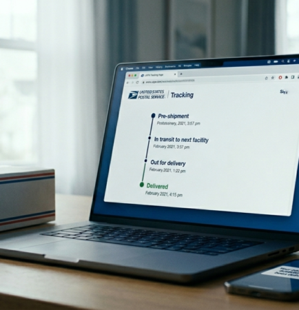 A complete guide to USPS status meanings, showing a USPS delivery package next to a tracking barcode.