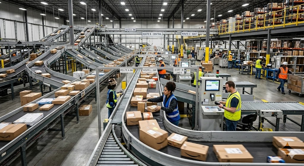 Package sorting facility where parcels are routed through shipping network